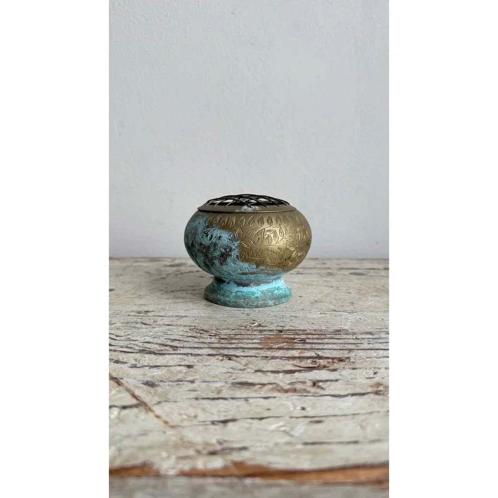 Vintage Etched Brass Rose Bowl Flower Frog Verdigris Patina Leaf Pattern 4in